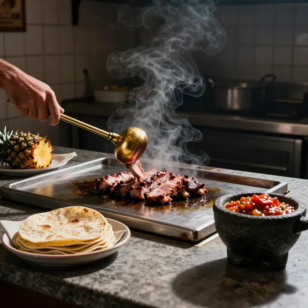 Taquería en penumbra con trompo al pastor, salsas, tortillas y vapor dramático.