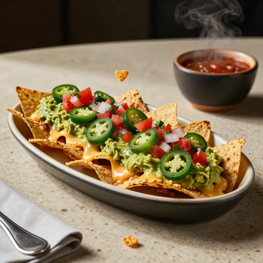 Bandeja ovalada de nachos cargados con queso fundido, guacamole, jalapeños y pico de gallo.