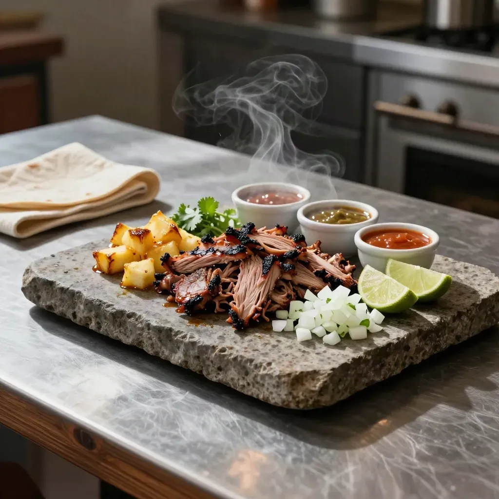 Tacos al pastor con piña, cebolla, cilantro, limas y salsas sobre piedra, con vapor en la mesa.