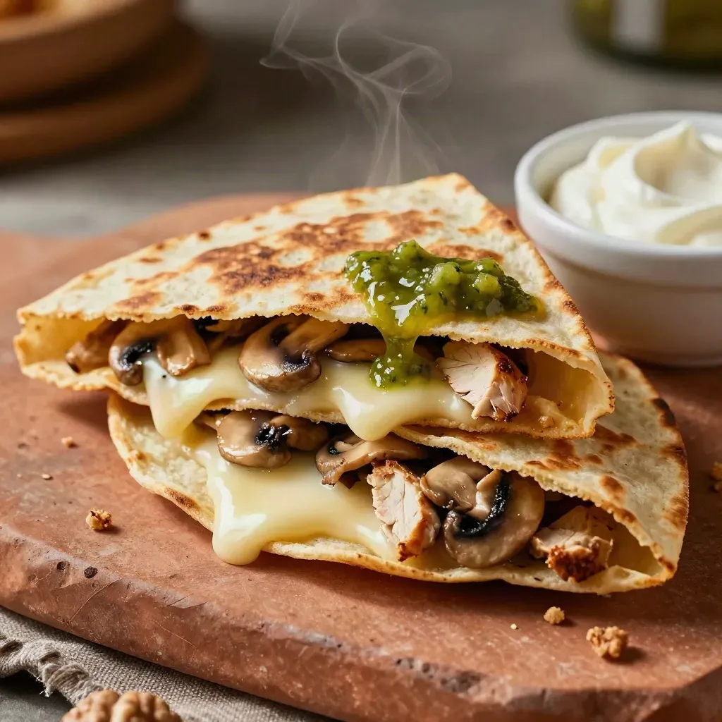 Quesadillas mixtas abiertas con pollo, setas, queso fundido, salsa verde y crema.