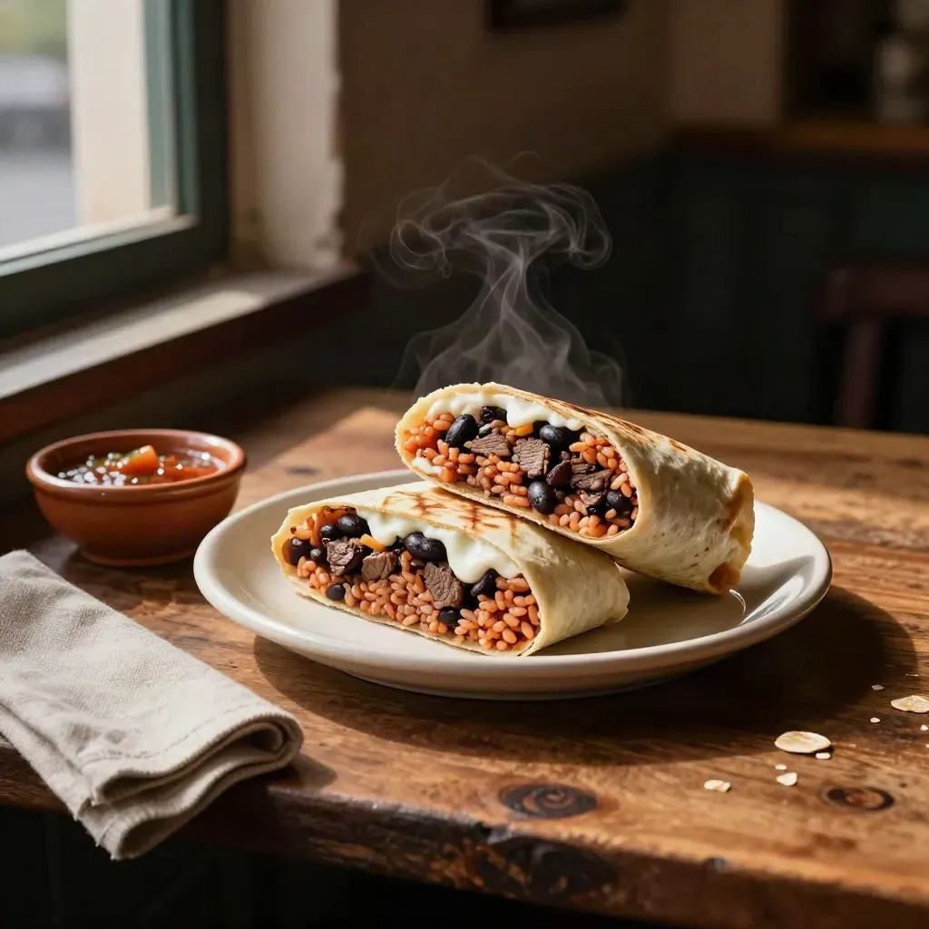 burrito de res abierto en un plato de cerámica, con arroz, frijol negro, carne y crema
