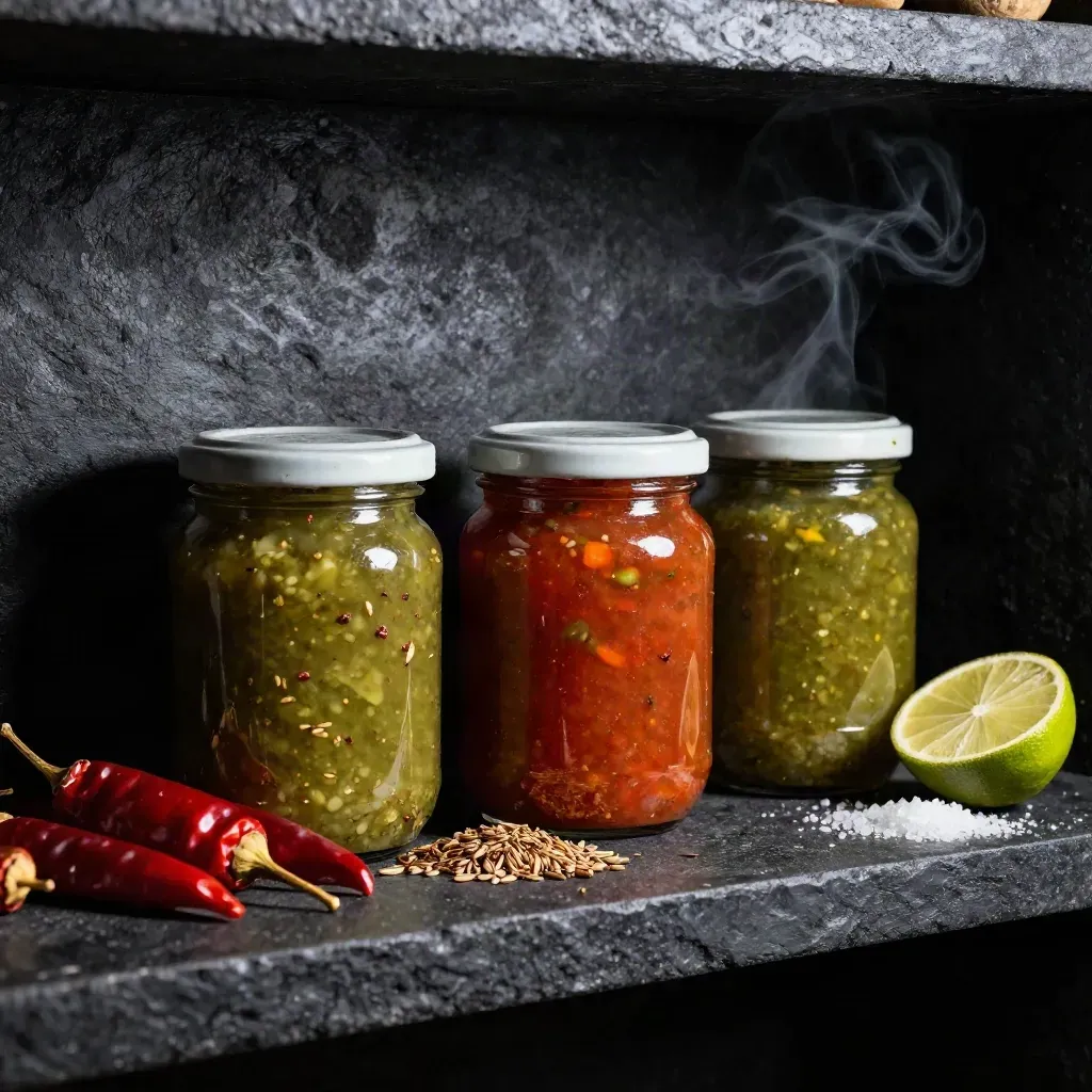 Tarros artesanos de salsa verde, roja y habanero sobre piedra oscura con chiles y lima.