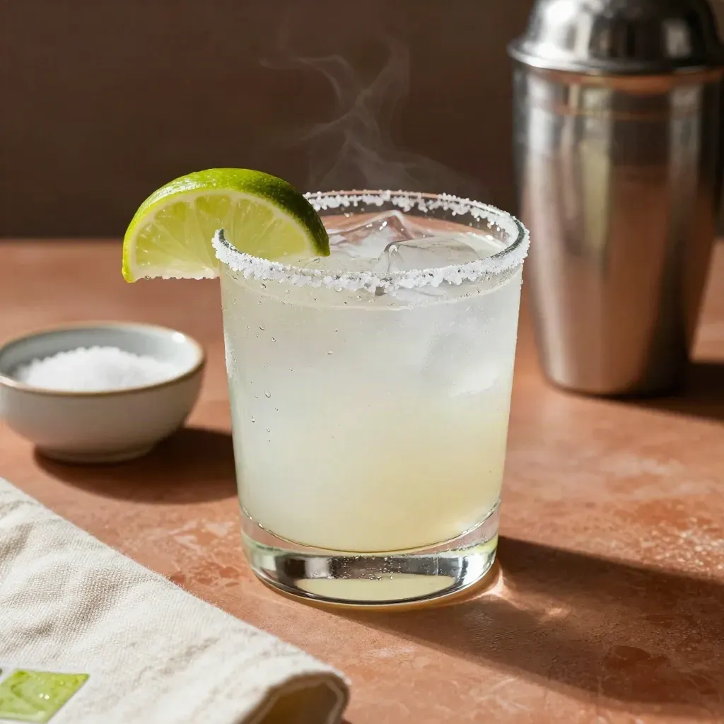 Margarita de la casa con lima, sal y coctelera sobre barra cálida.