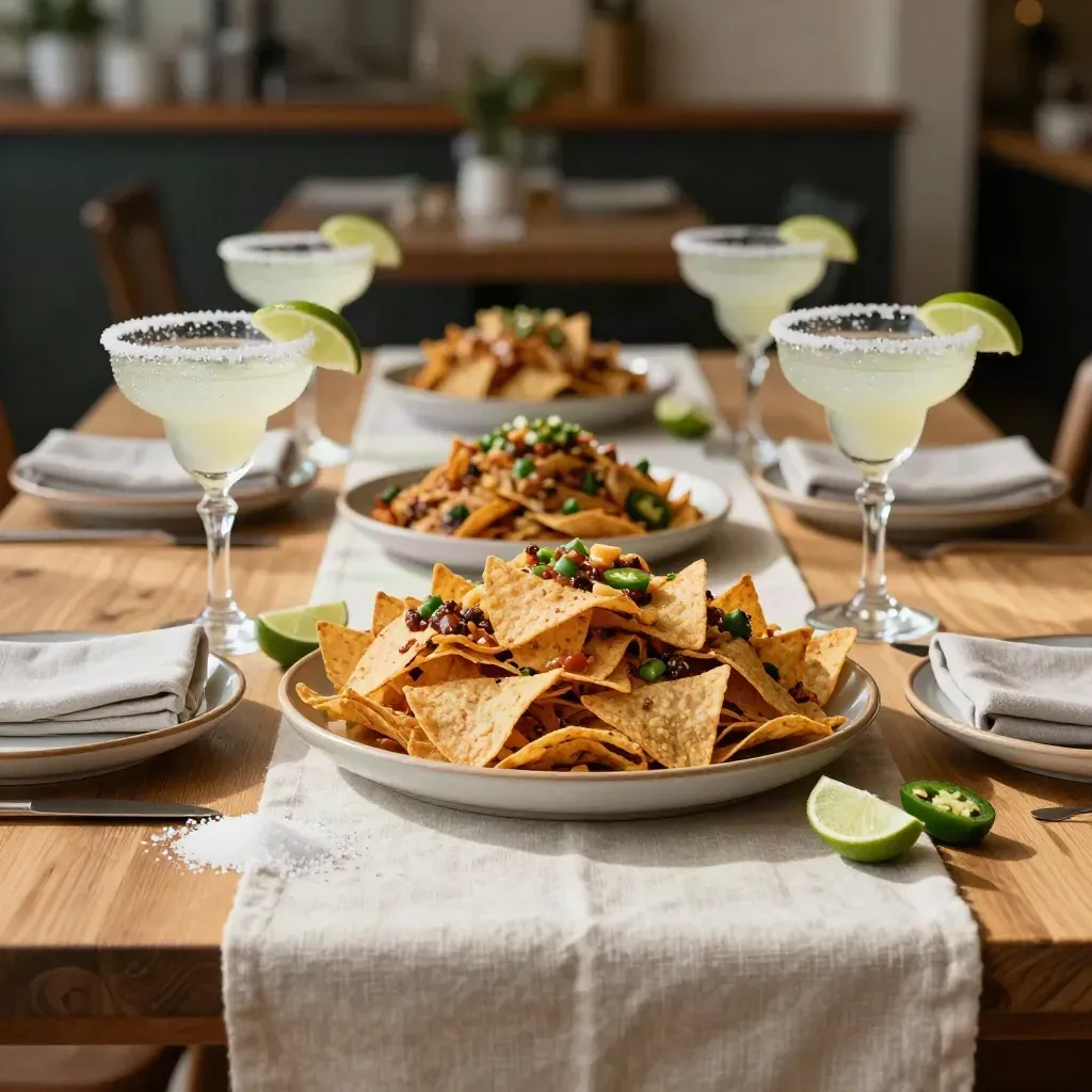 Mesa de cumpleaños con nachos, margaritas escarchadas, limas y servilletas de lino, lista para servir.
