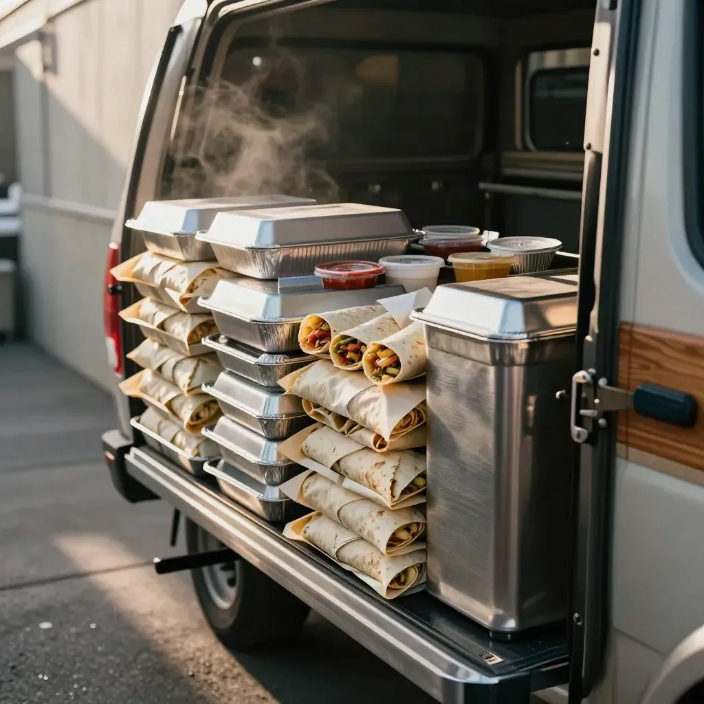 Bandejas térmicas con burritos y tacos listos junto a una puerta de salida.