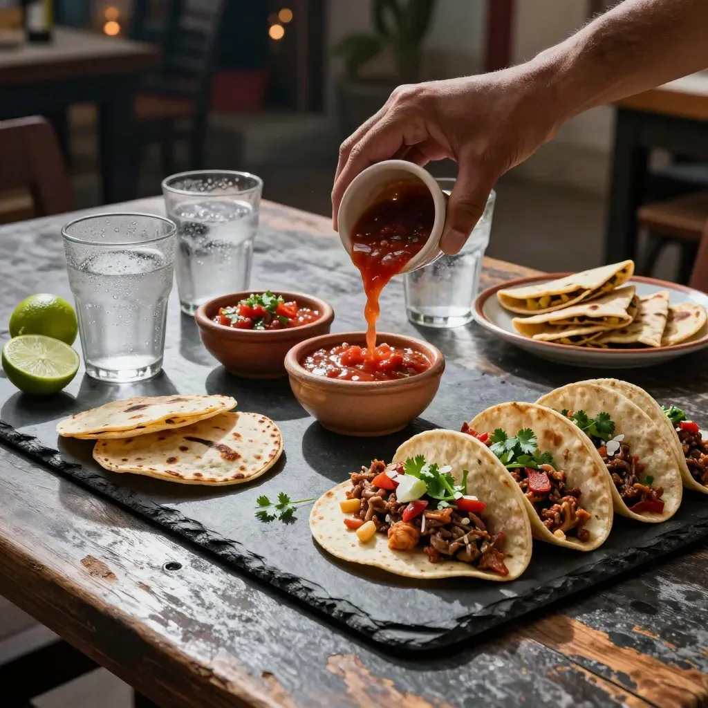 Mesa mexicana con tacos, quesadillas, salsa roja y vasos fríos en luz nocturna.