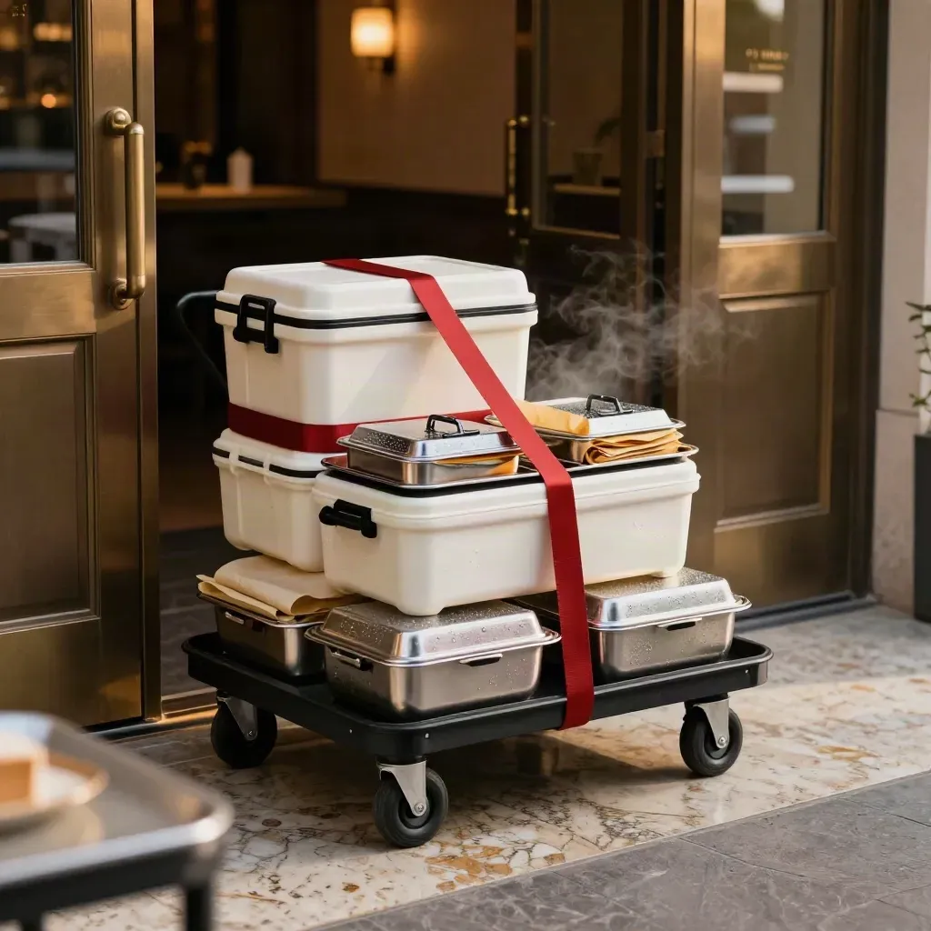 Carro de catering con cajas calientes y bandejas cubiertas en la entrada de un venue elegante.