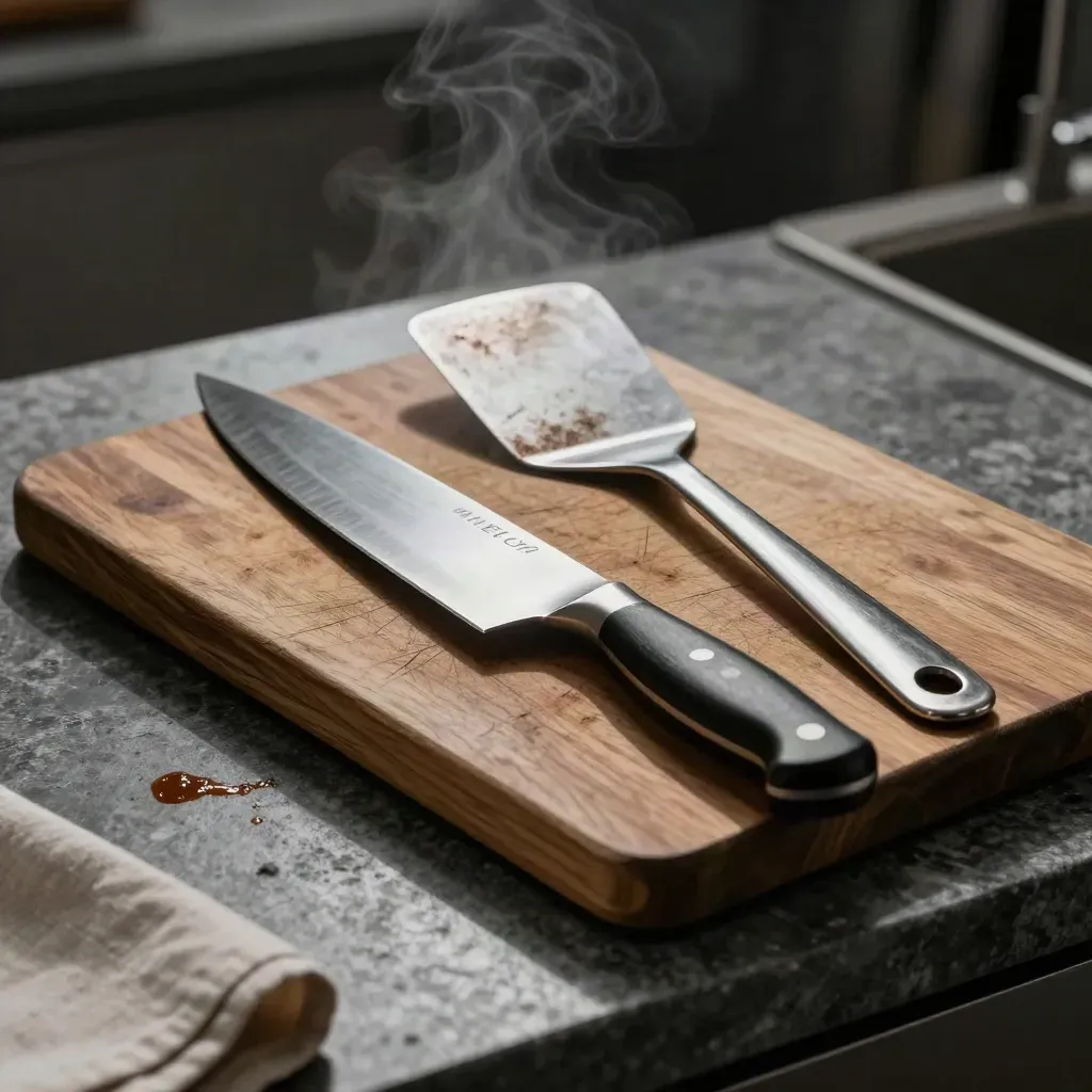 Utensilios de cocina profesional sobre tabla marcada con vapor tenue y luz dramática.