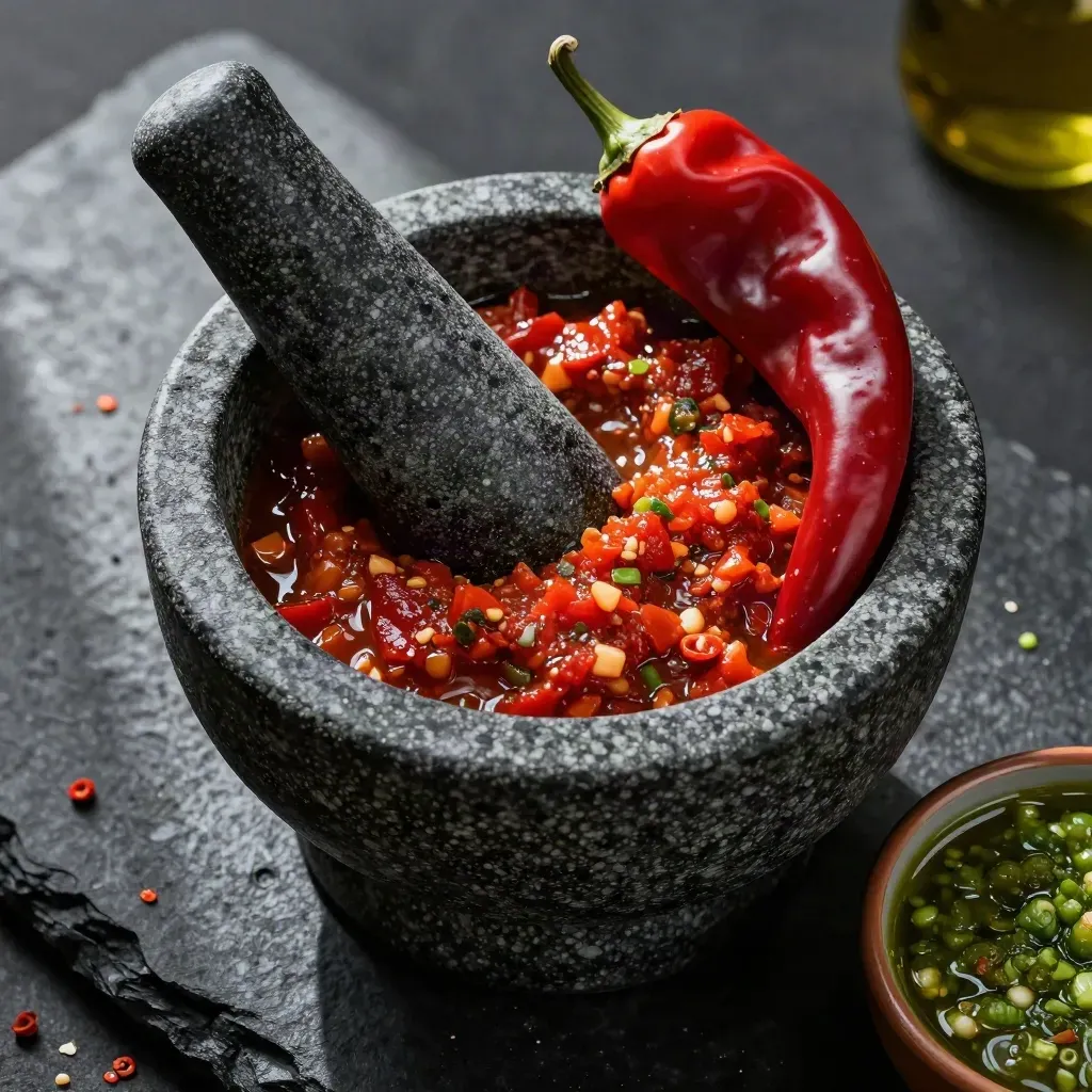 Mortero de basalto con salsas roja y verde, chiles secos y bruma especiada.