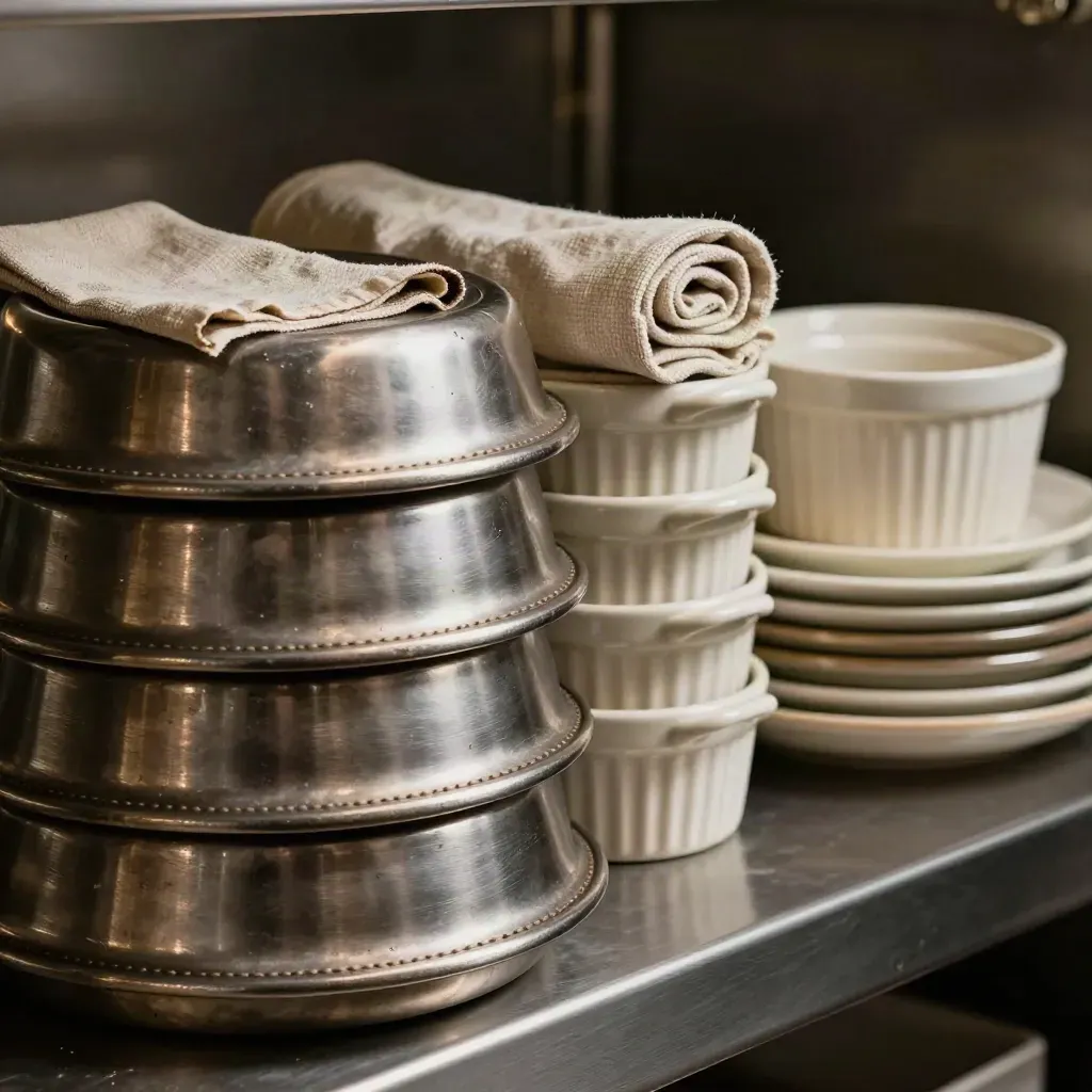 Kit de eventos con tapas de acero, ramequines, paños de lino y bandejas apiladas.