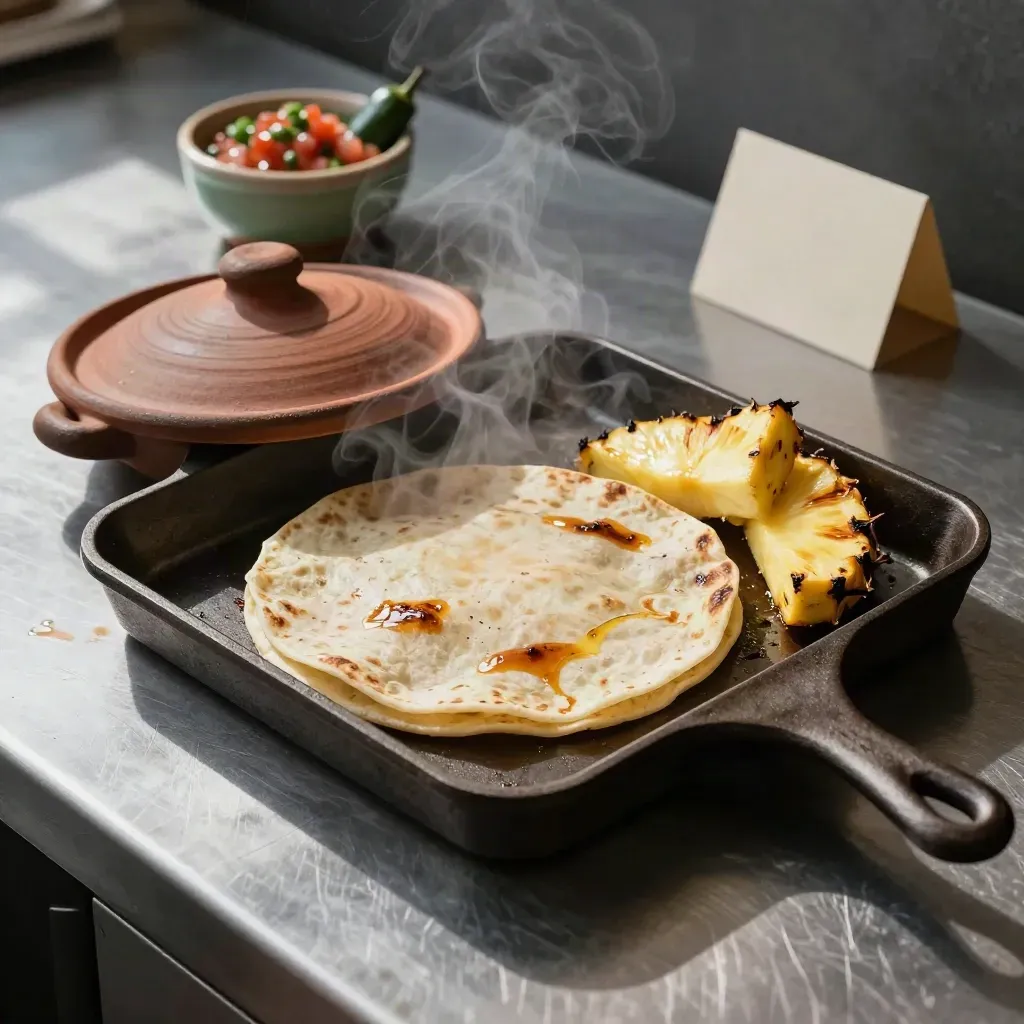 Vista cenital de plancha con tortillas, salsa tapada y piñas asadas humeantes