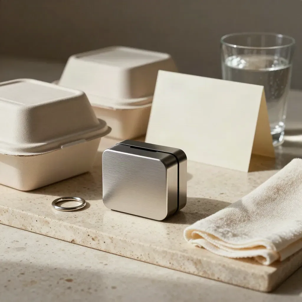Temporizador metálico, cajas de takeout, aro de pedido y vaso de agua sobre bandeja de piedra crema.