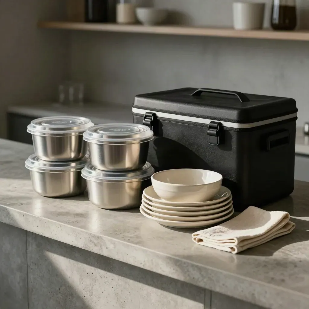 Kit de catering con cajas de aluminio, caja térmica y platos apilados sobre encimera.