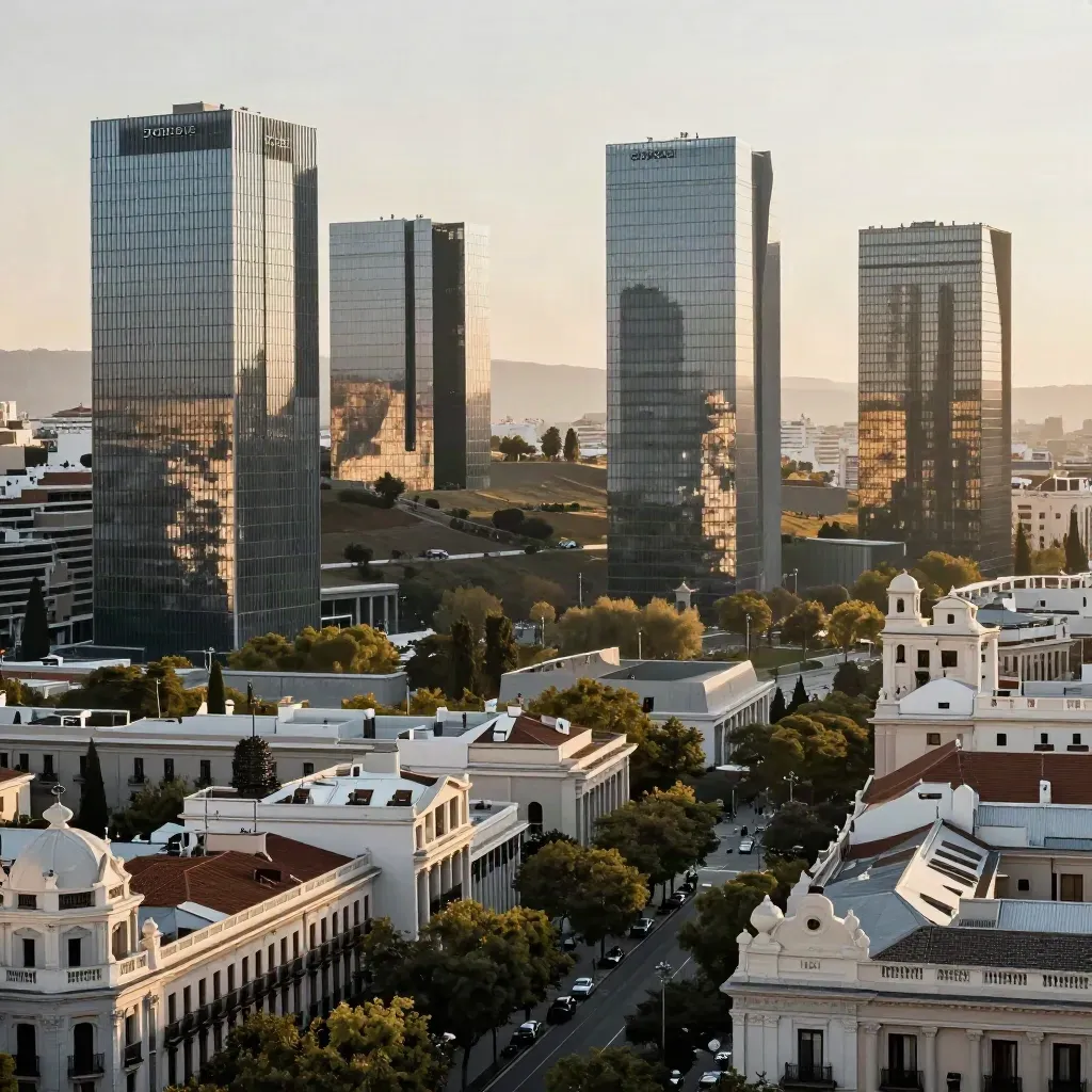 Torres de cristal de Chamartín y Plaza de Castilla al atardecer, con arbolado y luz dorada.
