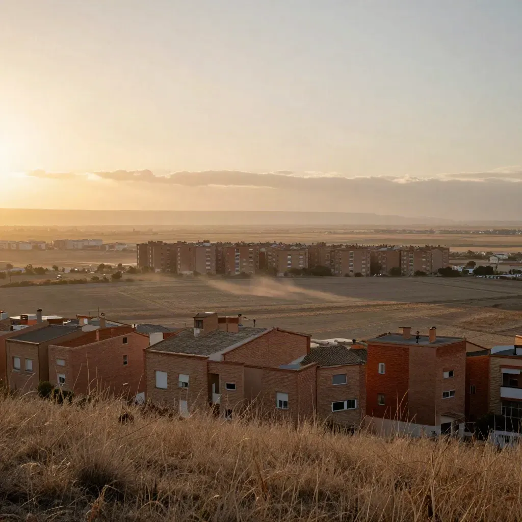 Panorama de llanura en Zona Sur con bloques de ladrillo y horizonte brumoso al atardecer.