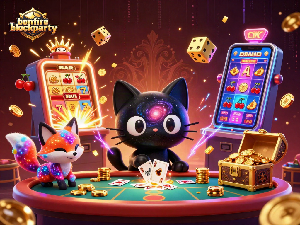 Engage with exciting games at bonfireblockparty's vibrant casino illustration with dynamic characters and symbols.