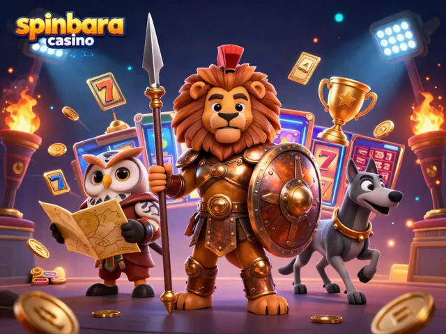 Experience the excitement at spinbara casino with a vibrant 3D illustration of a Spartan lion, owl strategist, and greyhound messenger amid dynamic gaming elements.