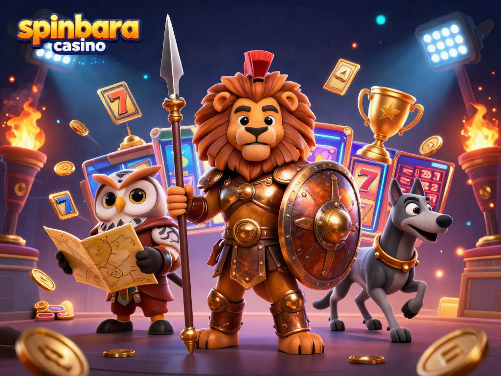Experience the excitement at spinbara casino with a vibrant 3D illustration of a Spartan lion, owl strategist, and greyhound messenger amid dynamic gaming elements.